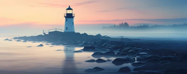 Fototapeten lighthouse seascape in mystic fog at night © krissikunterbunt