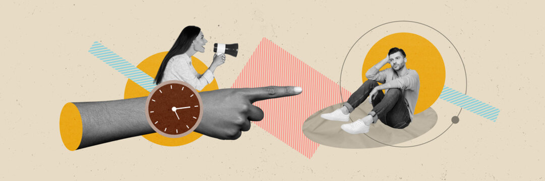 Creative graphics collage painting of excited lady screaming worker making achieve success isolated beige color background