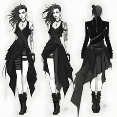 design assymetric goth punk skirt and a wrap top leather straps two piece fashion illustration sketch 