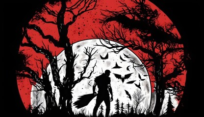 coloring book page of black and white silhouette of a werewolf howling at the moon that is in the back ground grim dark comic book style scary trees in the background splatter of red clipped in a 