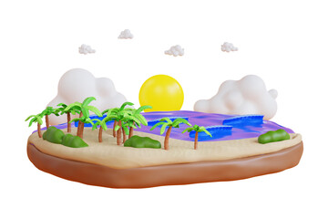 Landscape sunset on the beach. Sunset on tropical beach. 3d illustration