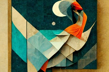 the redcrowned crane dancing with the moon paper mosaic stained glass turquoise background in the style of paper collage highly detailed subtle cold colors abstract collageartwork hd style by 