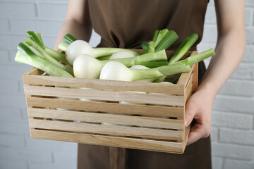 Woman holding wooden crate with green spring onions near white brick wall, closeup