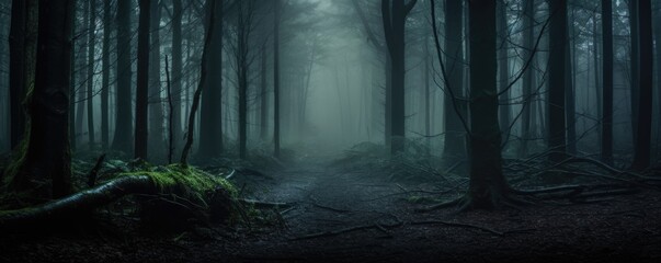 mystic dark forest in autumn panorama - obrazy, fototapety, plakaty