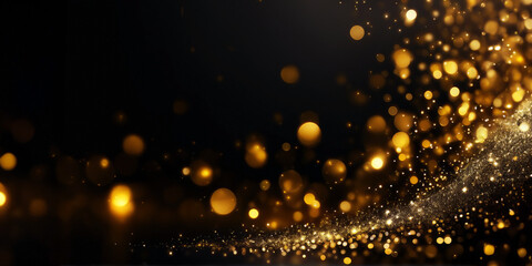 Fototapeta na wymiar Gold sparkle particles abstract Background.Christmas Golden light shine particles bokeh on navy black background.