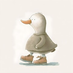 watercolor and pencil drawing of an anthropomorphic goose wearing shoes happy gentle smile beautiful watercolor ink wash coloring thick pencil lines Jon klassen fernando botero chunky style popular 