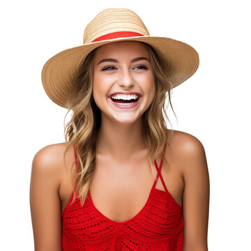 A woman in a sexy red summer dress wearing a straw hat is smiling happily on PNG transparent background. Summer travel concept.