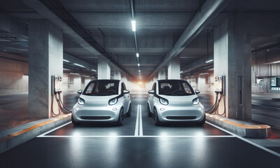deux voitures électrique branchées à une borne en train de recharger sa batterie dans un parking souterrain - obrazy, fototapety, plakaty