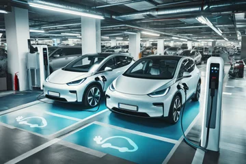 Foto op Plexiglas deux voitures électrique branchées à une borne en train de recharger sa batterie dans un parking souterrain © Sébastien Jouve