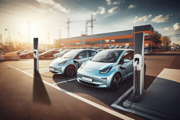 deux voitures électrique branchées à une borne en train de recharger sa batterie dans un parking de supermarché - obrazy, fototapety, plakaty