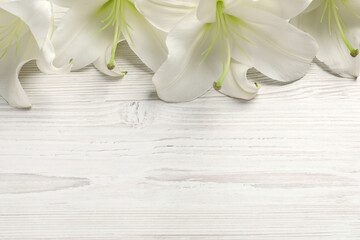 Fototapeta na wymiar Beautiful lily flowers on white wooden table, flat lay. Space for text