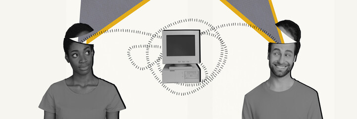 Panorama composite photo illustration collage of happy positive people share thoughts in internet...