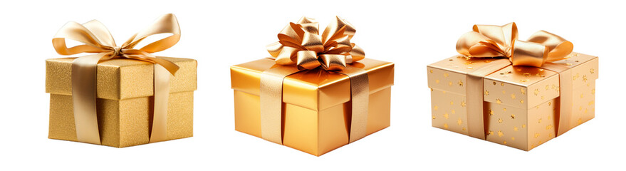 Isolated golden Christmas gift box on white background - obrazy, fototapety, plakaty