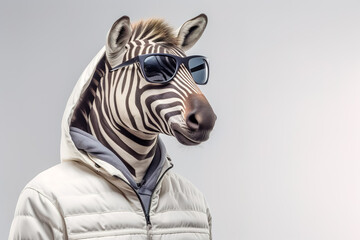 Zebra head wearing sunglasses on the human body of a man wearing winter clothes.