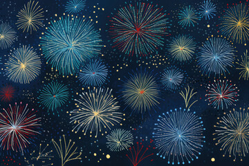 Fototapeta na wymiar Capture the essence of a festive celebration with this vibrant fireworks illustration on a blue background. Ideal for adding a pop of color to your designs.
