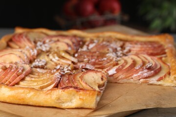 Freshly baked apple pie on table, closeup