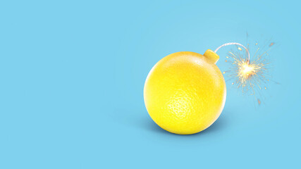 Creative juicy lemon bomb with wick and sparks on a blue background, creative. Vitamin and health, creative idea. - obrazy, fototapety, plakaty