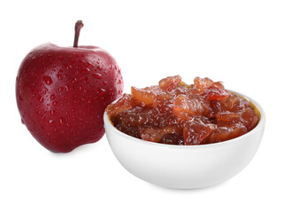 Bowl of delicious apple jam and fresh fruit isolated on white