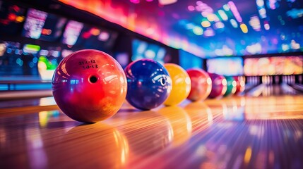 Vibrant neon-lit bowling balls on a polished lane at a modern bowling alley - obrazy, fototapety, plakaty