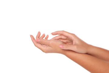 Woman showing hands with nude manicure on white background, closeup