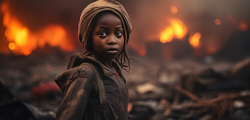 African girl with burning ground destructive building as background, war victim, war survivor, children and woman rights, Generative Ai - obrazy, fototapety, plakaty
