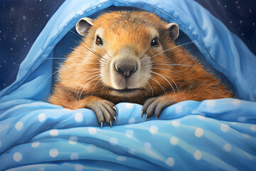 groundhog sleeping under a blanket