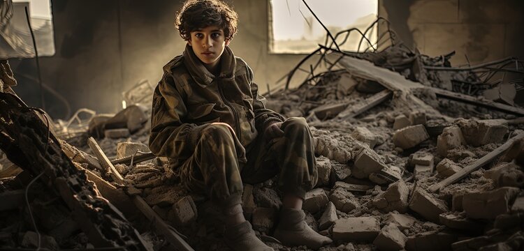 a sad boy in front of collapse buildings area, natural disaster or war victim, sorrow scenery idea for support children's right , especially Palestinian , Generative Ai
