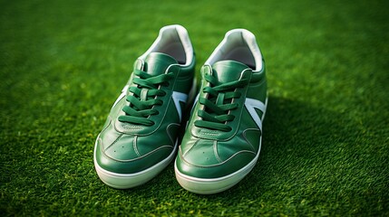 Sports shoes on a green soccer field with white lines and goal post