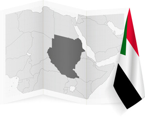 Sudan grayscale map and hanging flag.