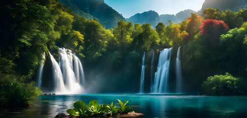Amazing nature landscape featuring Waterfall located in Misty Forest. - obrazy, fototapety, plakaty