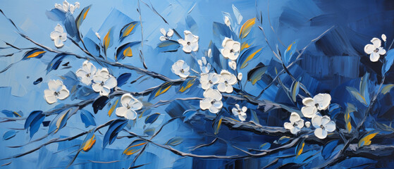 Painting of a branch with white flowers on a blue background.