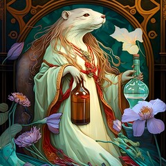 a white beaver in flowing robes with colorful bottles in the background painted in the style of Alphonse Mucha 