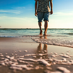 Photography created with AI. Image of a woman walking along the shore of the beach in a summer sunset.