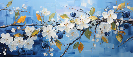 Branch of blossoming tree with blue flowers on a blue background.