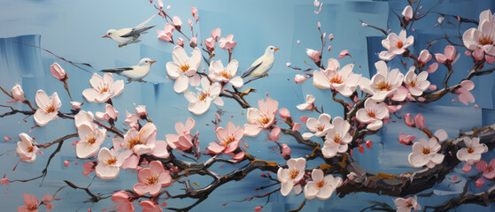 Blossoming branch with pink flowers blue background.