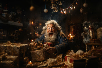Obraz premium Cheerful emotional Santa Claus with a gifts in hands in his workshop. Christmas fairytale