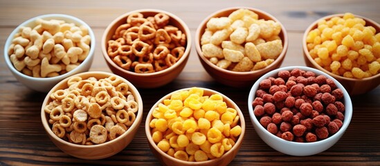 variety of cereals in tiny containers With copyspace for text