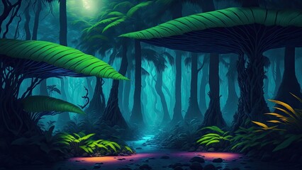Enchanted Paradise: Avatar-Inspired Tropical Forest Awash in Bioluminescent Brilliance. - obrazy, fototapety, plakaty