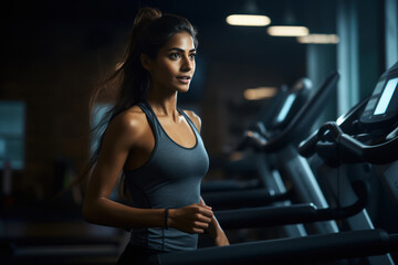 Fototapeta na wymiar Young woman running on treadmill machine at gym