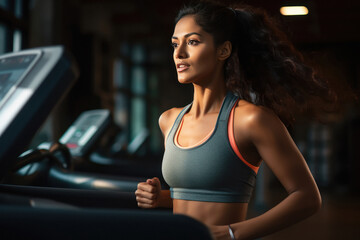 Fototapeta na wymiar Young woman running on treadmill machine at gym
