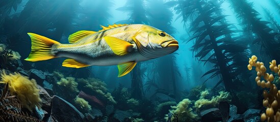 Yellow finned yellowtail rockfish found in North American Pacific kelp forests With copyspace for text