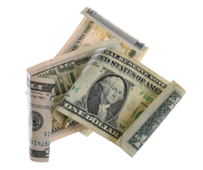 Group one dollars bills flying isolated on white, clipping