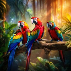 Colorful parrots in a tropical rainforest