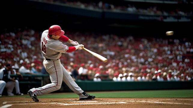 Baseball player hitting home run at outdoor stadium with crowd