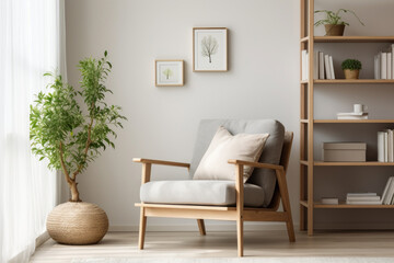 Interior of a Scandinavian style reading corner, comfortable armchair with cozy blanket, minimalist bookshelf, soft and muted color palette, natural daylight