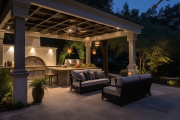 Obraz premium Elegant transitional outdoor living space with a seamless flow from indoors to outdoors, comfortable seating, lush greenery, and sophisticated outdoor lighting. Soft and ambient evening lighting