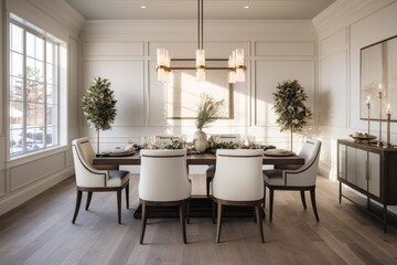 Interior of a elegant and inviting transitional style dining room featuring a blend of contemporary and classic elements, refined lighting fixtures, paintings and house plants