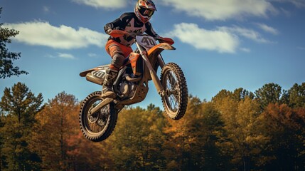 Naklejka premium Motocross rider flying high over dirt track during extreme sports competition