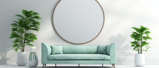 3d rendering  green couch and plant with mirror on white background - obrazy, fototapety, plakaty