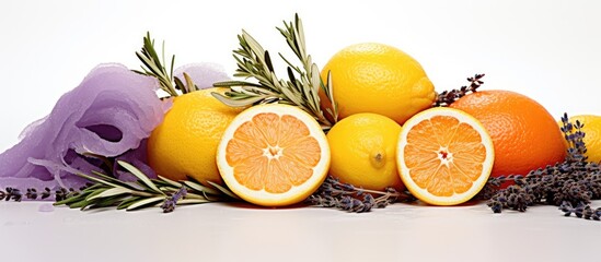 Winter citrus fruits and herbs are natural remedies rich in vitamin C useful against colds and flu With copyspace for text - obrazy, fototapety, plakaty